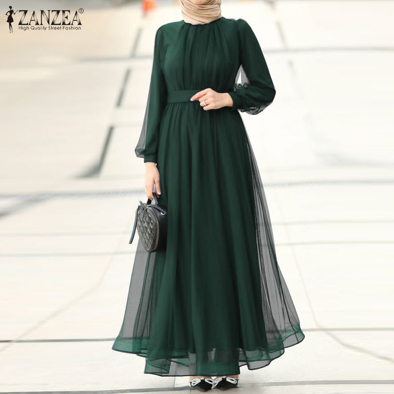 ZANZEA Women Muslim Fashion Casual Long Sleeve Double Layer PLeated Dress