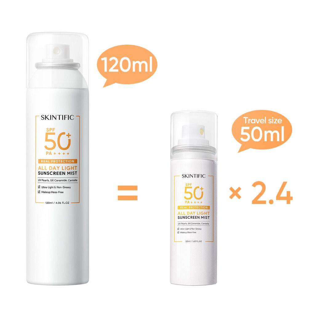 SKINTIFIC All Day Light Sunscreen Spray SPF50 PA++++ Sunscreen Mist Anti UV UVA UVB 120ml 50ml