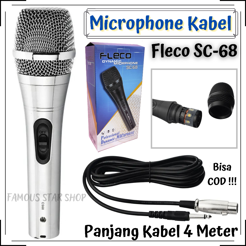 Fleco SC-68 Dengan Kabel Mikrofon Dynamic Microphone Mic Karaoke Profesional Microphone / Mik Mikrofon Mikrophone Kabel Jack Besar 6.5mm Fleco SC68 | FMS