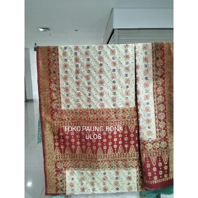 SONGKET PALEMBANG SUTRA ASLI MOTIF TIGA NEGERI PUTIH TUMPAL MERAH