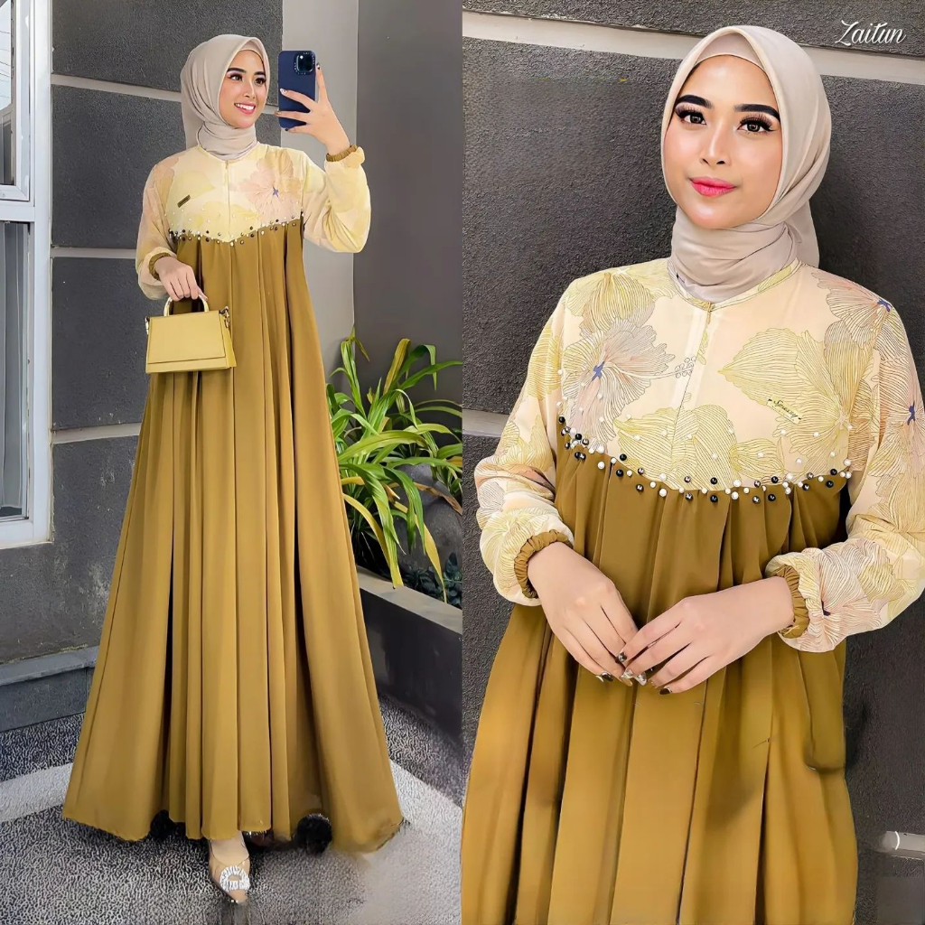 Ajeng Dress Gamis Kondangan Terbaru 2023 Fashion Muslim Wanita Lebaran OOTD Baju Kondangan Trend Spassy Dress Pesta Wanita Minimalis Model Ceruty Aksen Kintani Flouwer