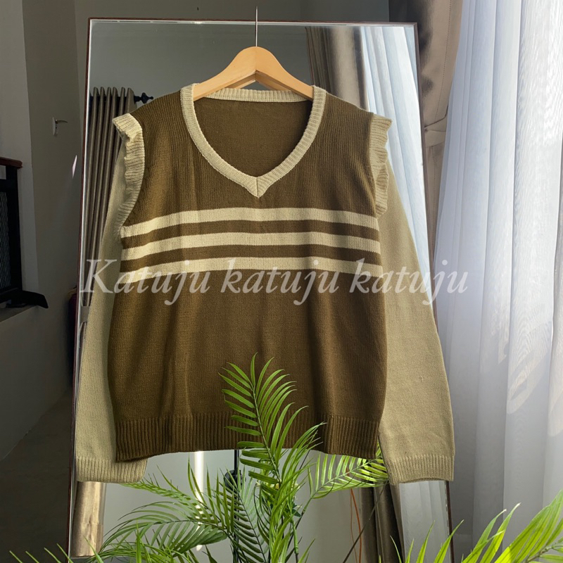 Blouse Rajut Ruffle kerah V neck