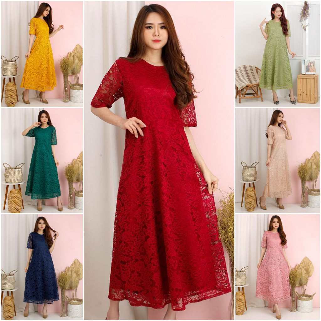 (DIJAMIN REALPIC) LONG DRESS YOONA BRUKAT CORNELI TULANG BROKAT CORD TIMBUL DRES PESTA NATAL