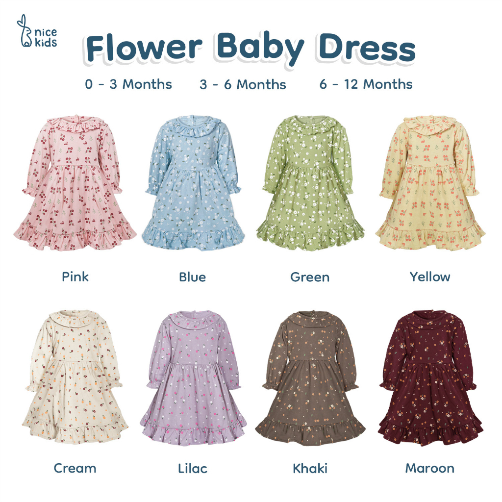 NICE KIDS BABY FLOWER DRESS BUNGA LENGAN PANJANG NICEKDIS TUNIK FLOWER BAYI 0-12 BULAN