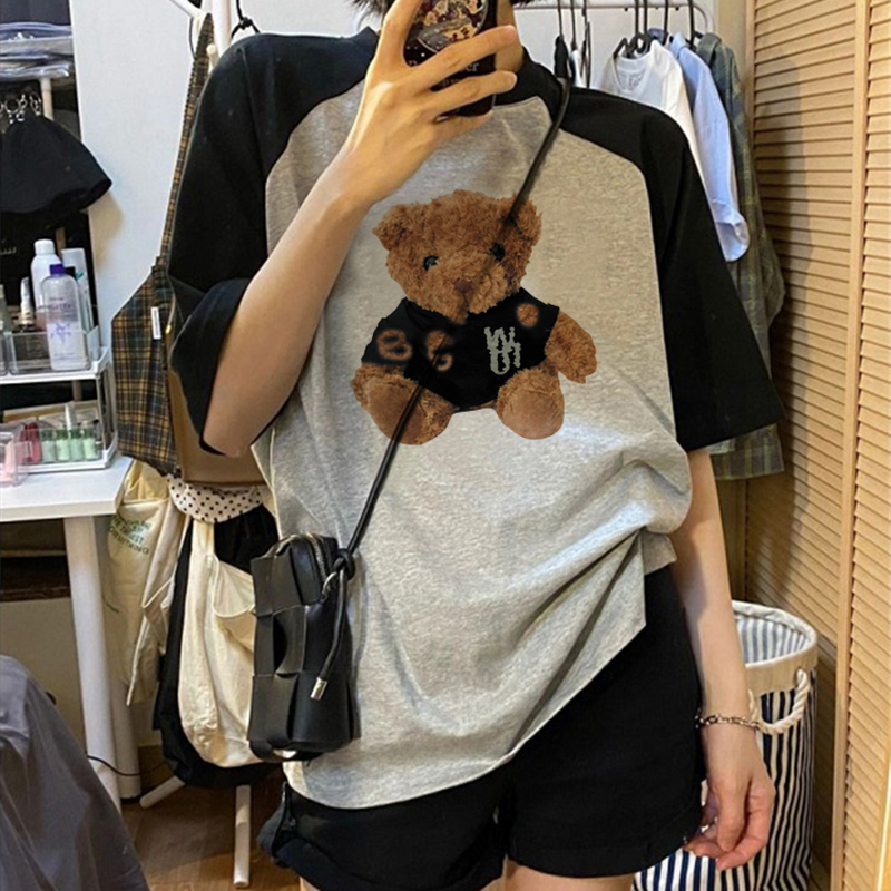Print T-shirt Kaos Lengan Pendek Vintage Plush Bear Printing Oversize Atasan Wanita Korean Style