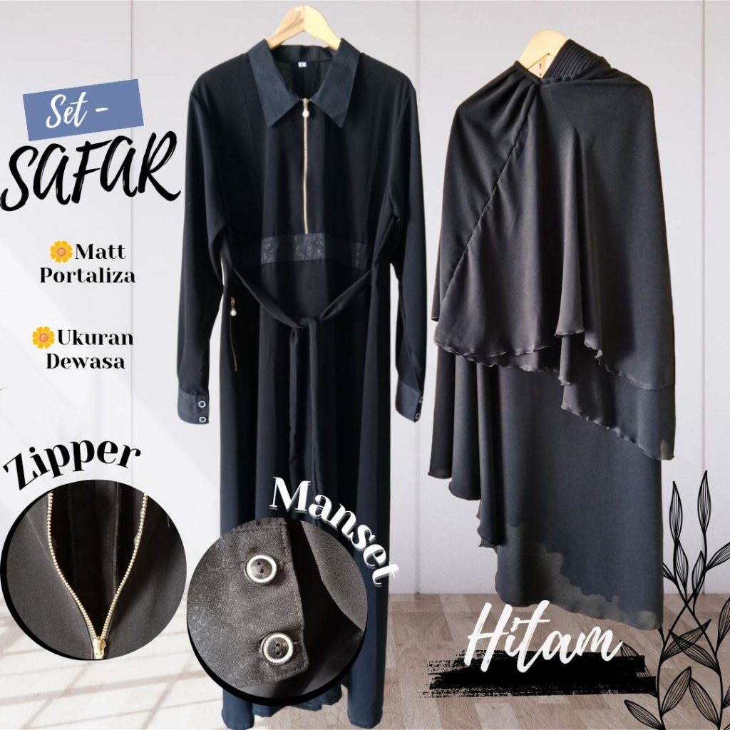 GAMIS SAFAR WANITA MUSLIMAH ZIPPER JETBLACK PLUS JILBAB CADAR LENGAN MANSET