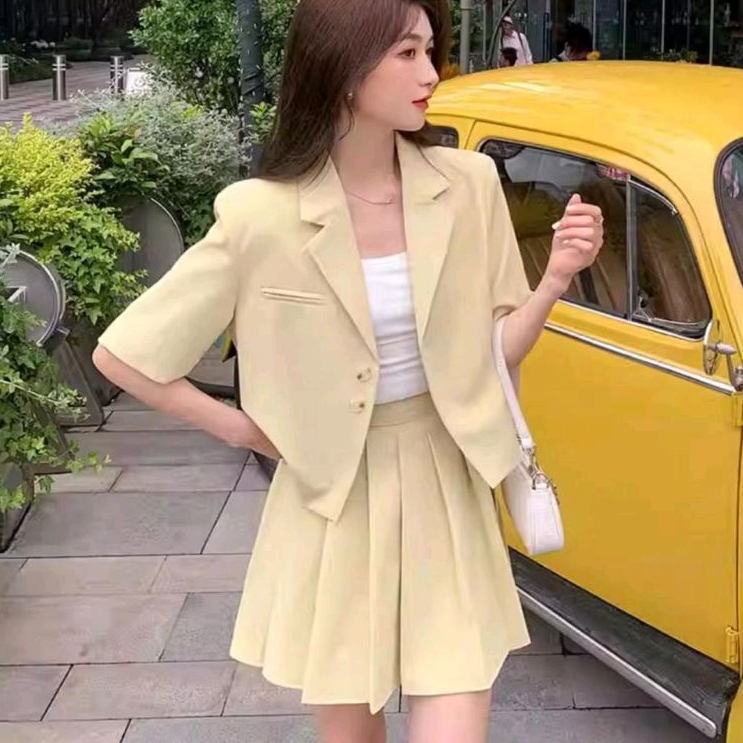 5825 Set2in1 Setelan ONESET baju atasan blazer lengan pendek set rok celana pendek hitam abu kuning 