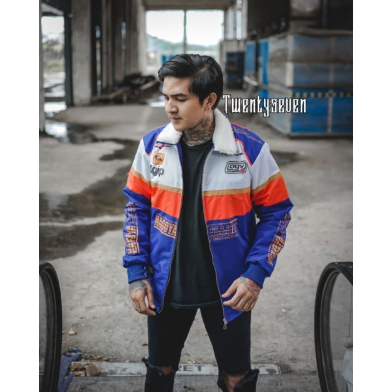 Jaket Vintage pria Jaket Nascar kerah Bulu sherpa Jaket Premium