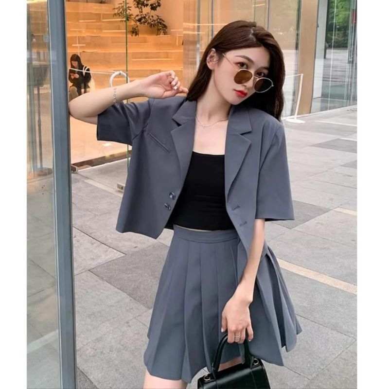 5825 Set setelan stelan Blazer mini skirt blejer rok moni lipat lengan pendek import premium wanita 
