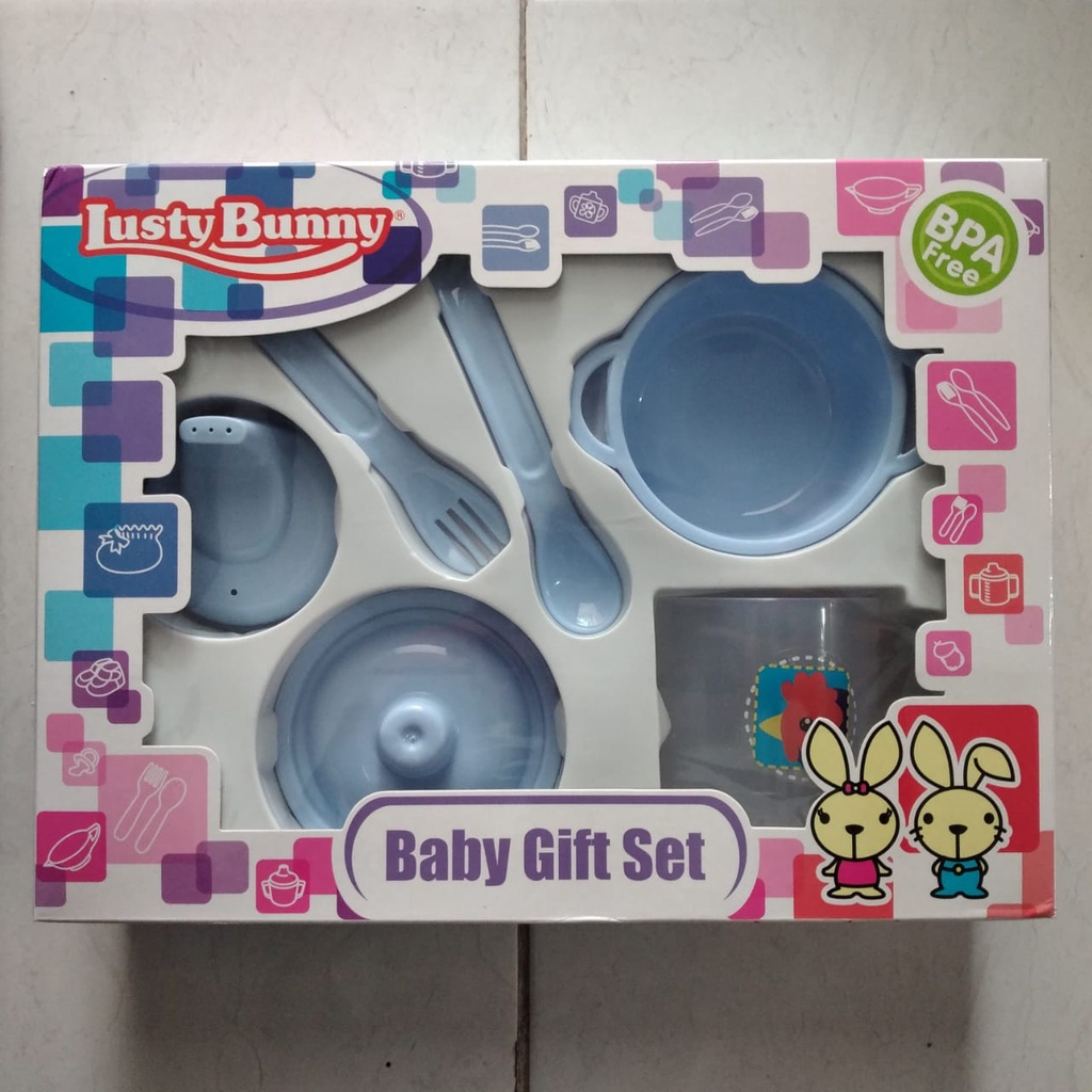 SET Alat Makan Bayi BIRU LUSTY BUNNY 1425 Feeding Set BABY GIFT SET Perlengkapan Makan Bayi Gelas Mangkuk Sendok Garpu Kado Bayi Lahir anak Ultah new born  bingkisan giftset sets peralakatan makan baju box eksklusif ibu melah