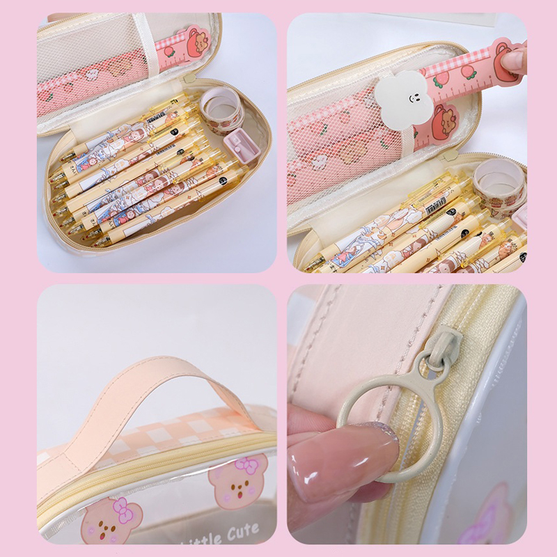 Gelasa Kotak Pensil Anak PVC Transparan Zipper Tenteng Jumbo Waterproof Dual Slot