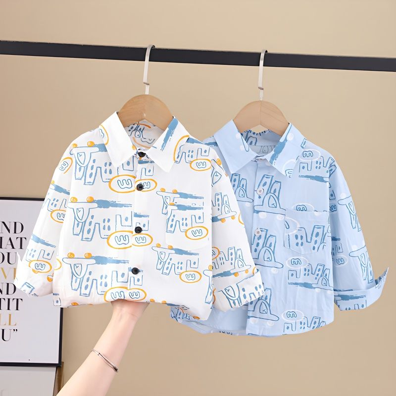 atasan kemeja anak lakilaki usia 6 bulan-5 tahun motif kartun biru keren / baju lengan panjang anak import