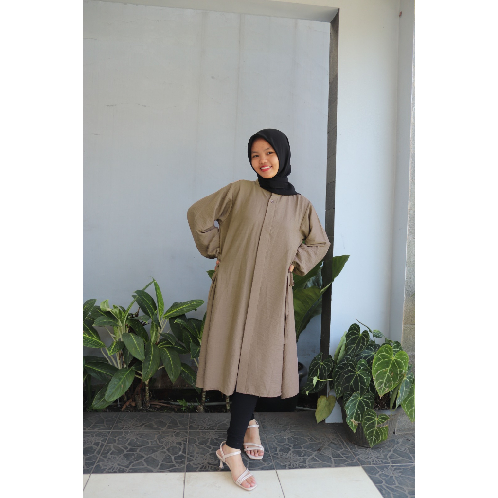 Amaya Tunic Basic Polos Jumbo Tunik Putih Wanita Terbaru 2023 Aksen Tali Pinggang Karet Kanan Kiri Lengan Balon Busui  Bahan  Polo Linen LD 110  Baju Atasan  Wanita Warna Khaki Sage Broken white