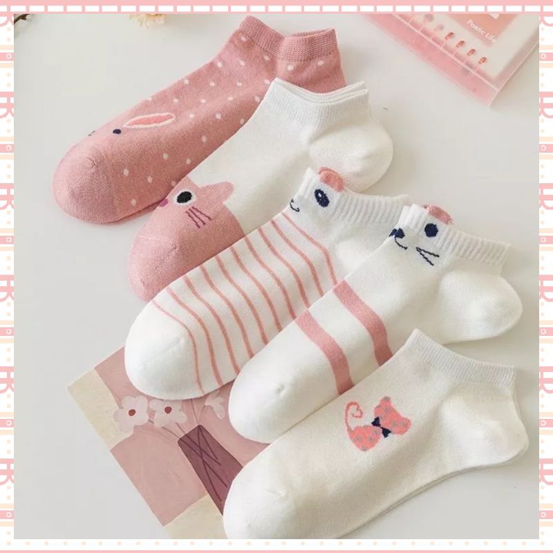 Pink Cute Kucing Kaos Kaki Pendek Wanita Korean Kualitas Impor