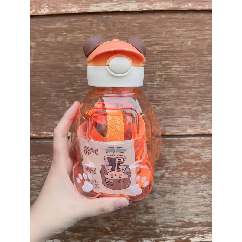 BOTOL MINUM ANAK KARAKTER BERUANG TOPI - BOTOL AIR GEMOY TEDDY - TEMPAT AIR MINUM DENGAN TALI SELEMPANG FREE STICKER 2D&amp;3D