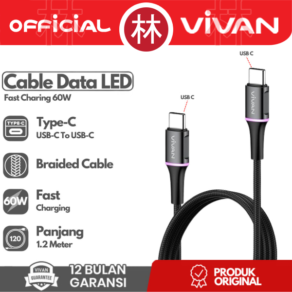 Vivan VDCC120 USB-C to USB-C LED Kabel Data Cable 60W Fast Charging