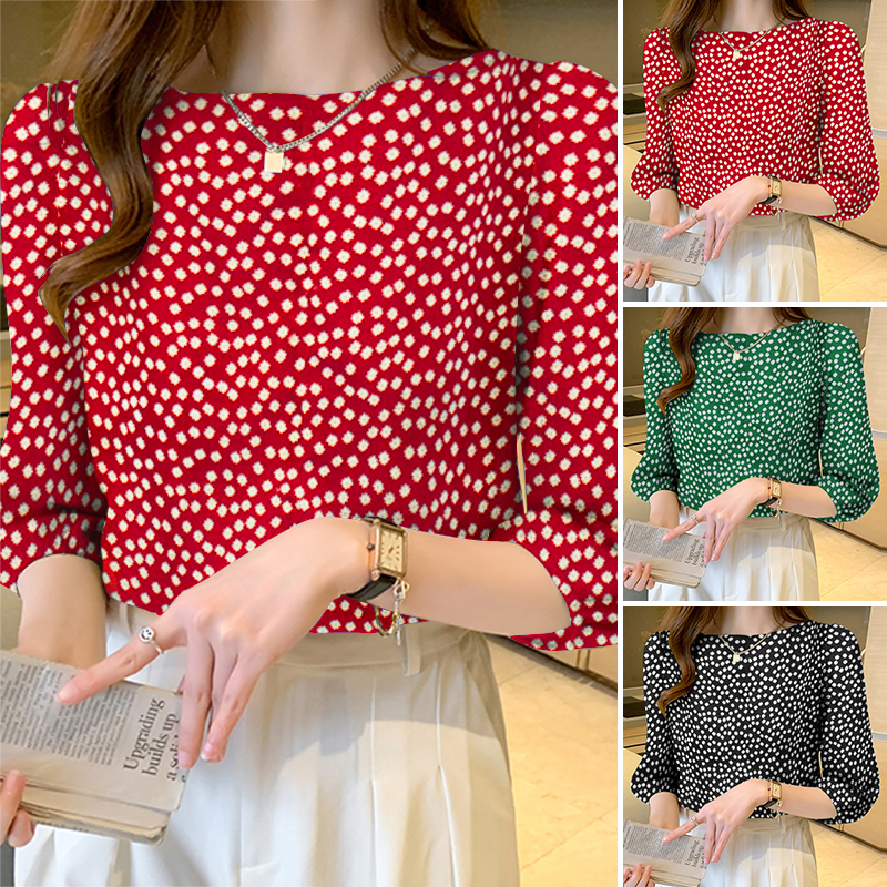 ZANZEA Women Korean Style O-Neck 3/4 Sleeve Elastic Cuff Floral Print Top