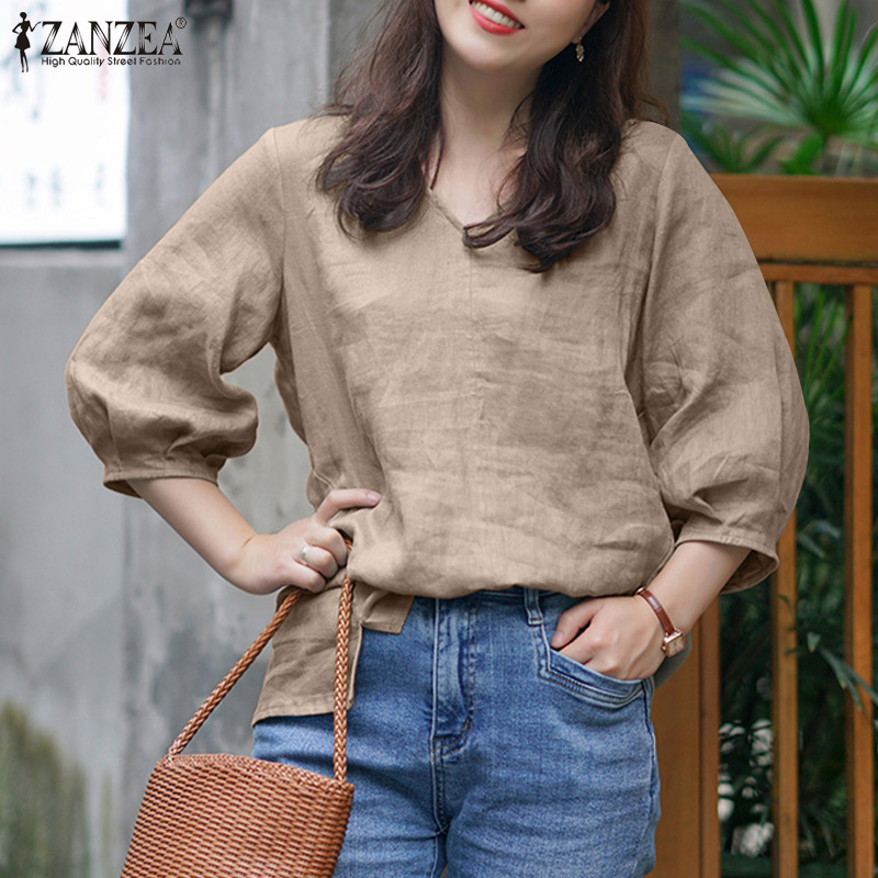 ZANZEA Women 3/4 Sleeved V-Neck Holiday Baggy Causal Solid Color Blouse