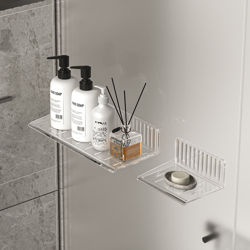 Rak Akrilik Kamar Mandi Tempat Skincare conditioner diffuser pewangi ruangan Wadah Shampo Sabun Perekat Tebal Kuat Bathroom Organizer Rack - Black White Hitam Putih rak gantung estetik transparan