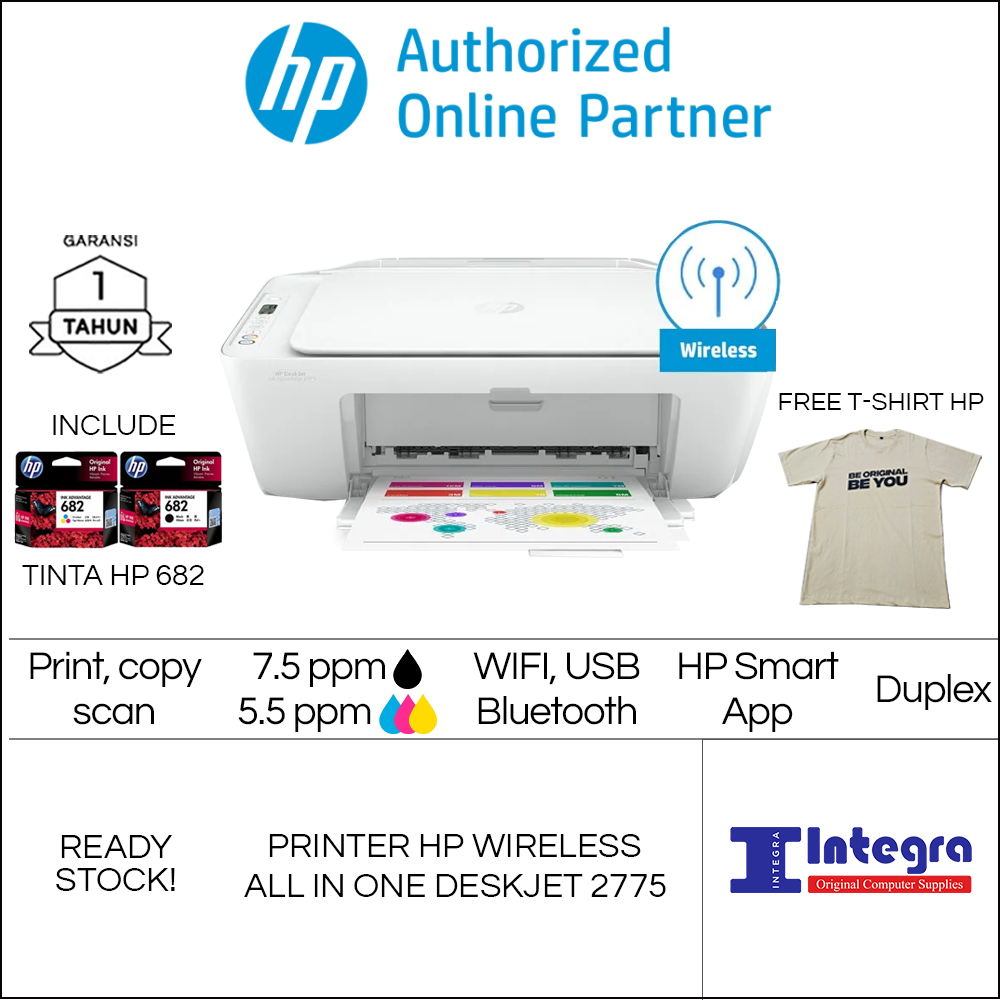 Printer Deskjet HP 2775 Print Scan Copy Wireless WiFi Cartridge HP 682 Black Tri Color Original