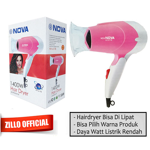 (Terbaru) ZILLO Hairdryer Pengering Rambut NOVA Hair Dryer Low Watt 2 Mode Kecepatan Hairdryer Lipat Travel Friendly