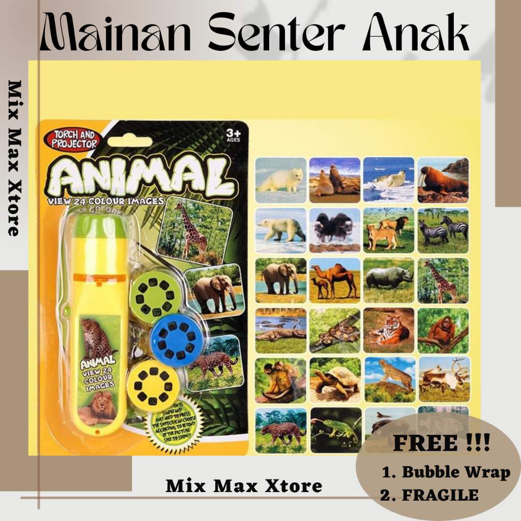 Mainan Senter Anak Projector Flashlight Animal with 3 Film - Yellow