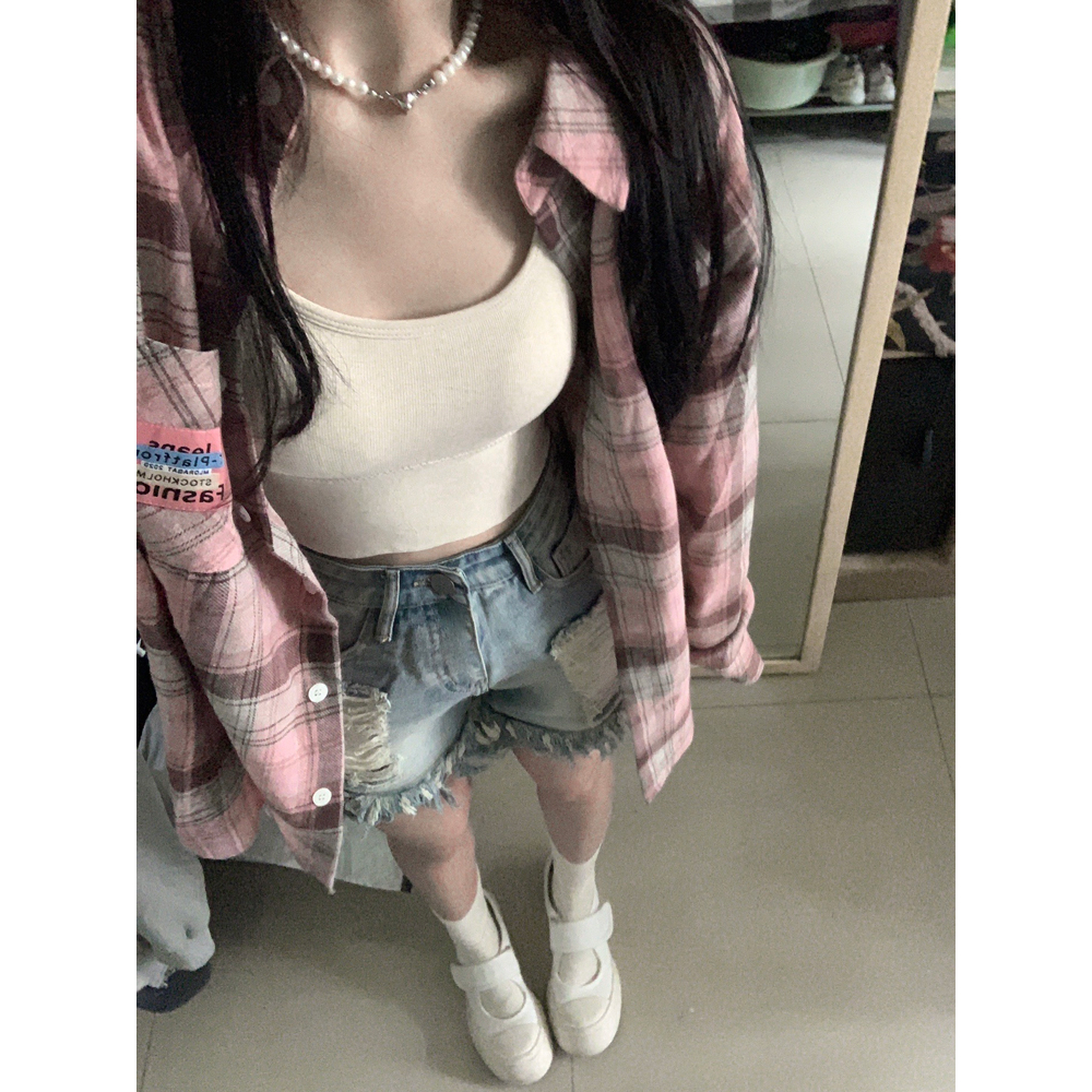 Korean Style Oversize Retro Panjang Lengan Semua Pertandingan Pink Korea Plaid Shirt