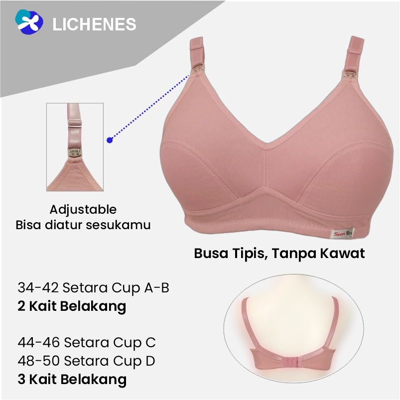 LICHENES - Bra Sport Busa Tipis Tanpa Kawat Size 34-50 BH DEWASA  1 Lusin ( ISI 12 )