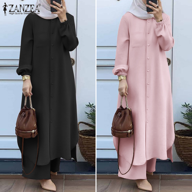 ZANZEA Women Long Sleeved Button Down Front Casual Front Pockets Muslim 2PCS Set
