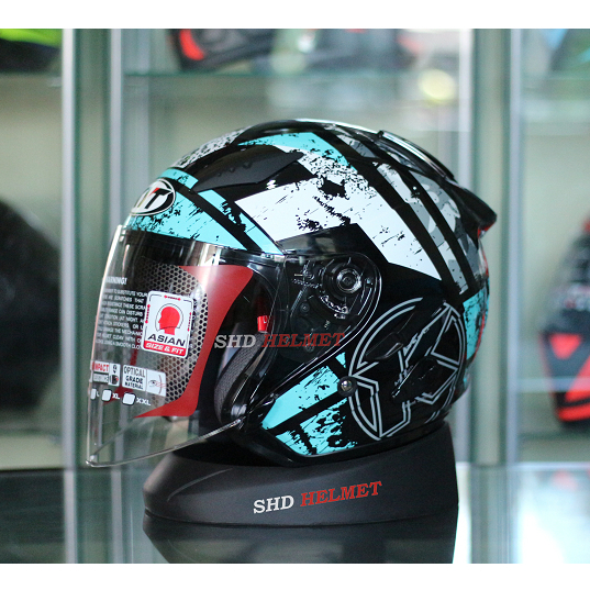 Helm Half Face KYT Galaxy Flat R Motif Seri 5 Aqua Blue Double Visor Hitam Biru