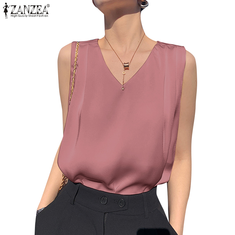 ZANZEA Women Fashion Satin V Neck Sleeveless Pleated Trim OL Blouse