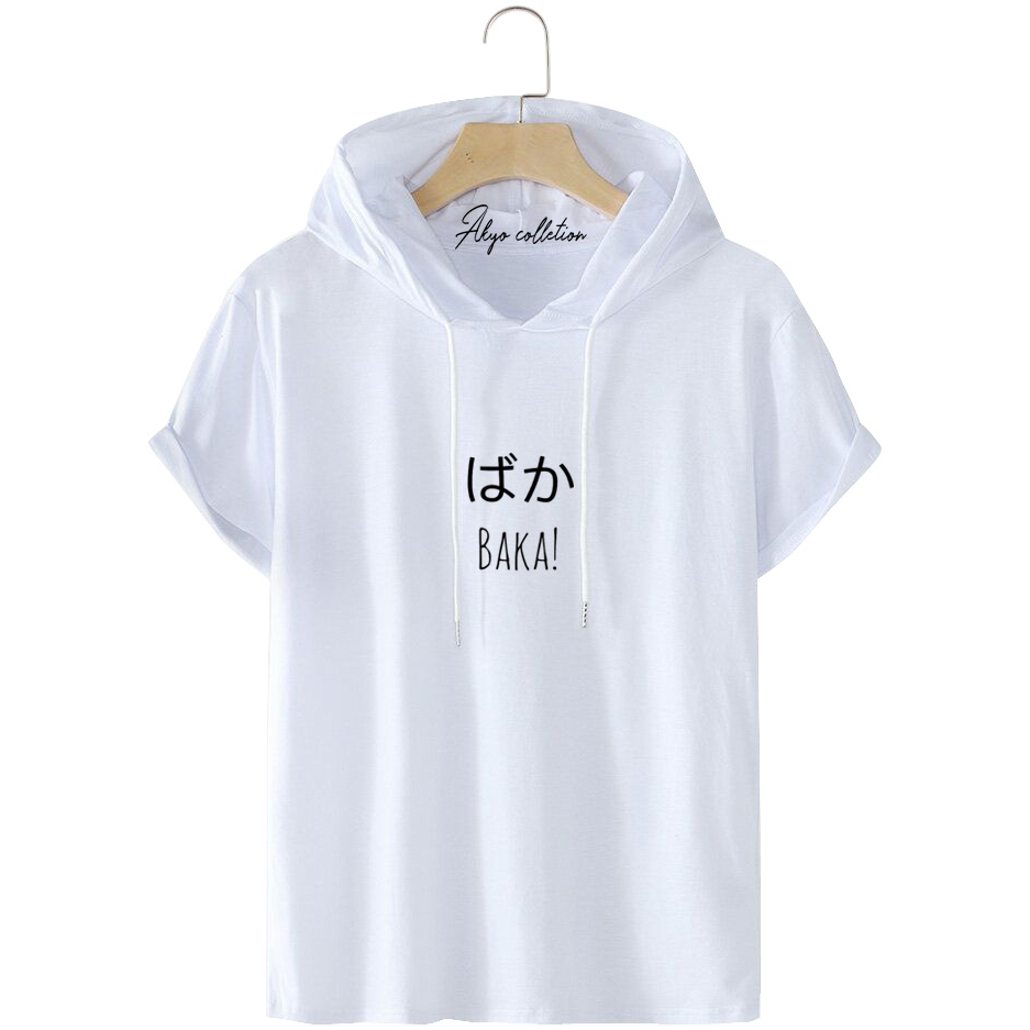 KAOS HOODIE KUPLUK LENGAN PENDEK TULISAN JEPANG  BAKA FONT PUTIH /KAOS ATSAN PRIA /FASHION PRIA/HOOD