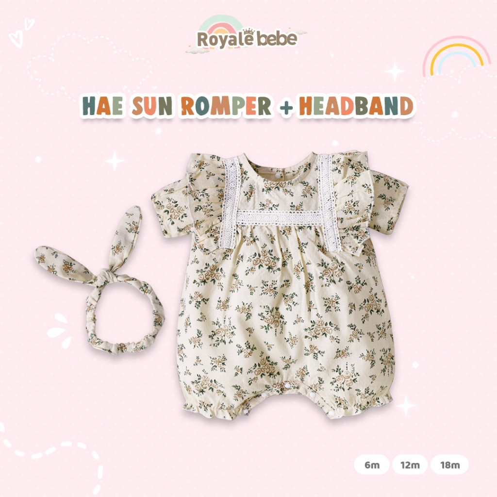 ROYALE BEBE CHIN SUN ROMPER / EUNJI ROMPER / TRICIA ROMPER / HAE SUN ROMPER / HAE RAN ROMPER BAJU ROMPER ANAK BAYI + HEADBAND / TOPI ROMPER ANAK BAYI PEREMPUAN 6-18 BULAN