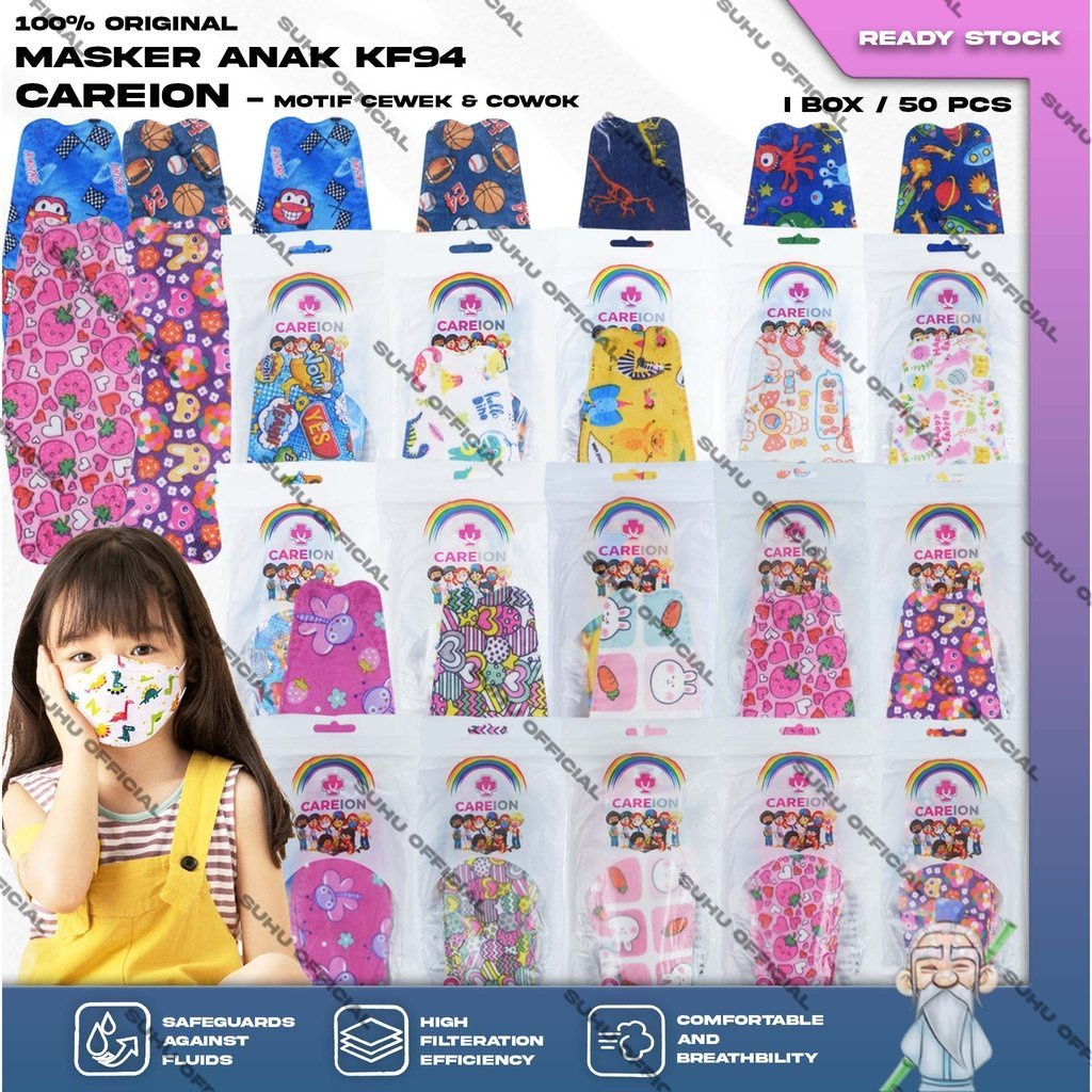 Masker Anak KF94 CAREION 4Ply isi 10Pcs Putih Hitam Abu Warna KF 94 Earloop Surgical Mask Kemenkes