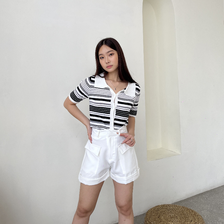 Mirei Stripes Knit Top / Atasan Rajut / Blouse Casual / Polo Top / Korean Style