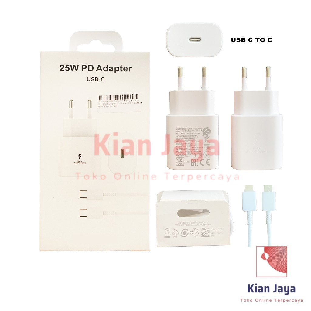 Travel Charger Galaxy Note 10 Super Fast Charging 25W USB C to C Cable Adaptor Casan Hp Original OEM