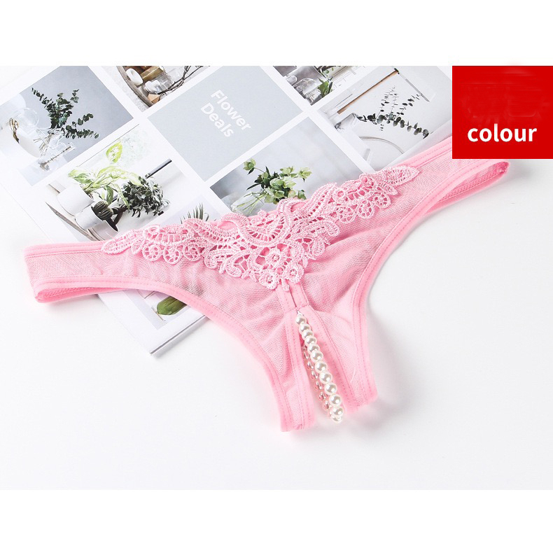 Sexy G String Wanita Pearl Lace transparan Open Crotch Thong c079-1