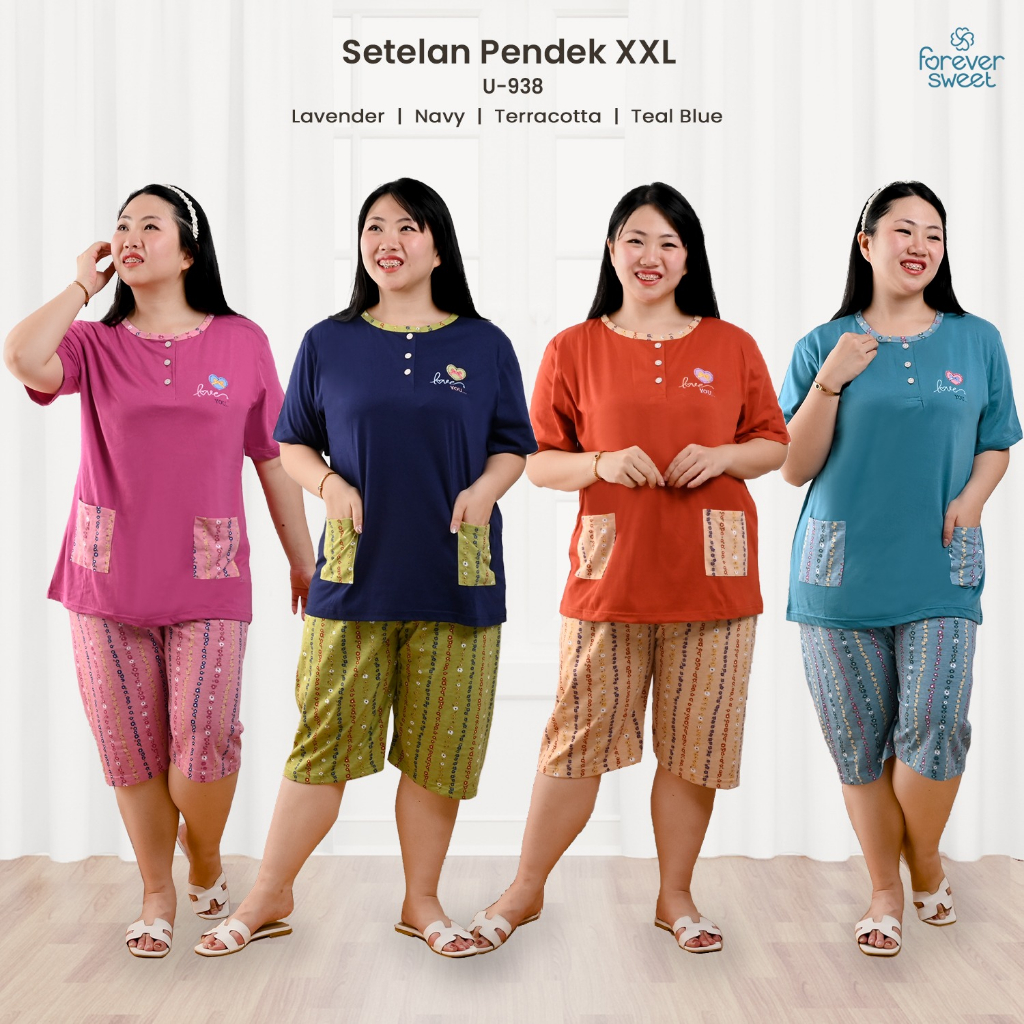 RM017 Setelan 3/4 XXL Merek Forever Sweet Grosir Baju Tidur Piyama Wanita dewasa terbaru bahan Kaos 