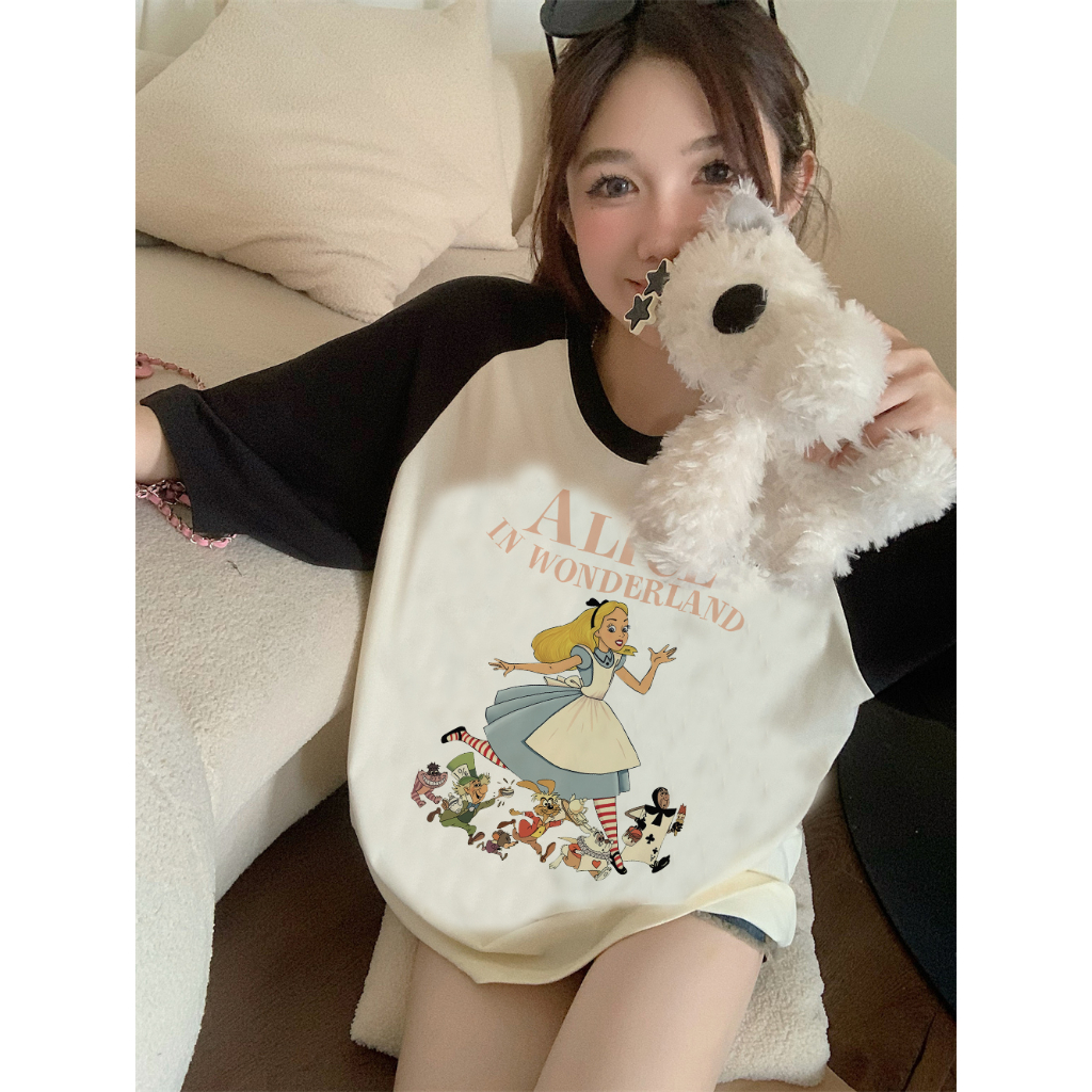 EUNII T-shirt Lengan Pendek Cartoon Disney's Alice Korean Style/Kaos Atasan Wanita/Baju Kaus Oversize Wanita/Kaos Wanita