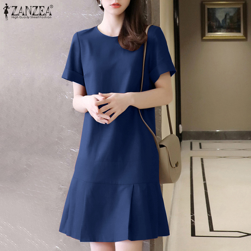 ZANZEA Women Street Fashion French Style Design O-Neck Short Sleeve Slim Knee Length Dress