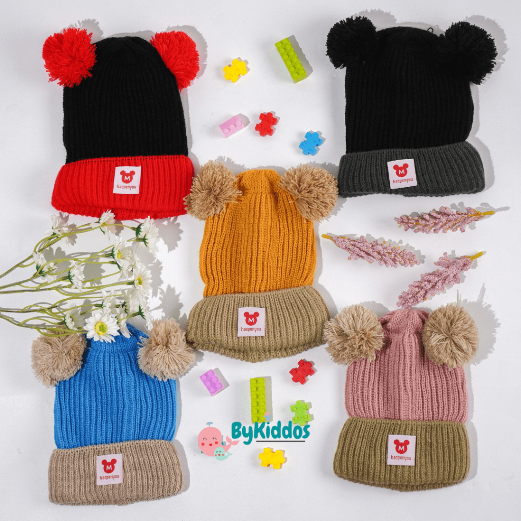 ByKiddos - Topi Rajut Anak Pompom  Mix 2 Warna / Topi Rajut Bayi Pompom / Topi Kupluk Pompom Anak / Topi Kupluk Pompom Bayi