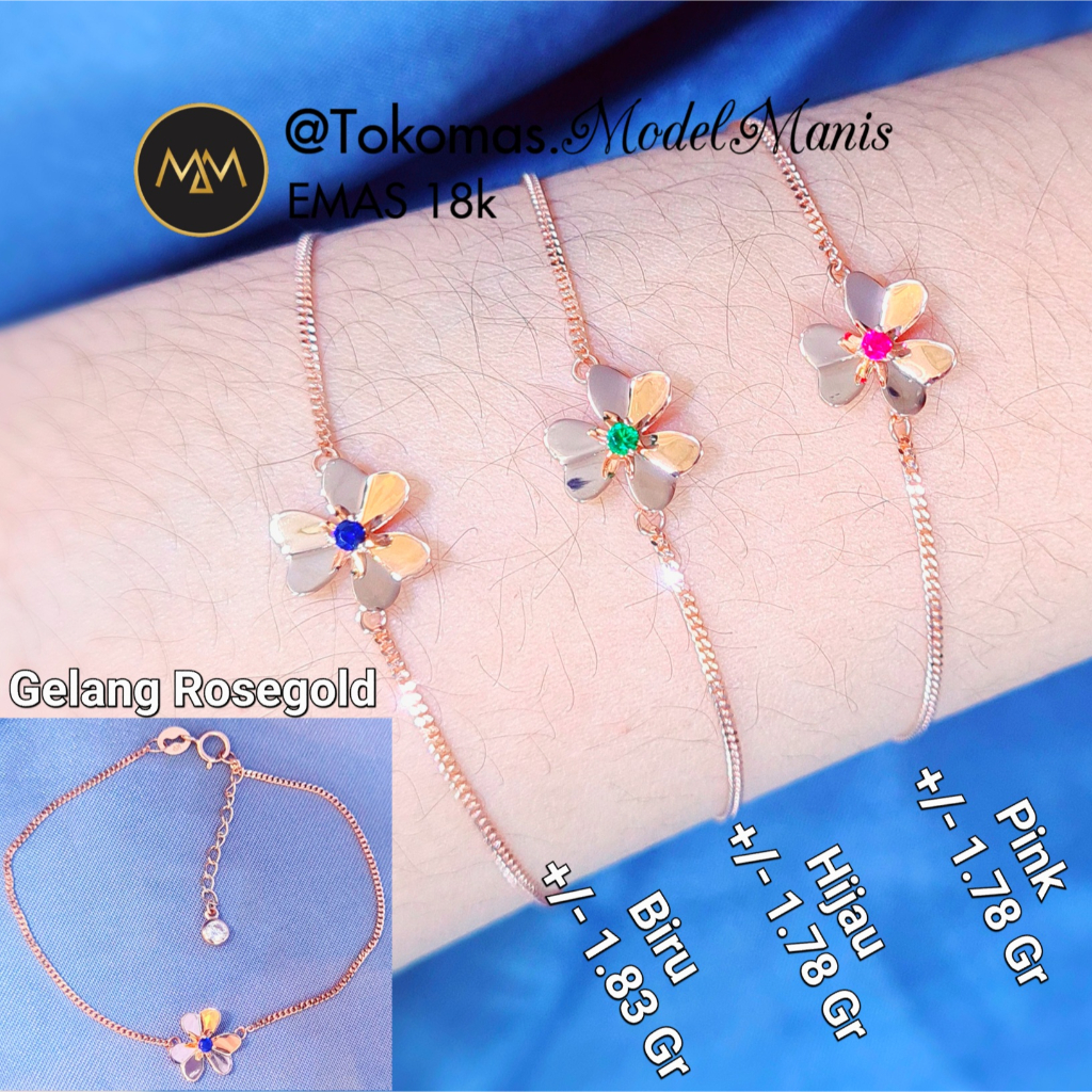 Gelang Clover Batu Warna Emas Italy AU Rosegold 750 kadar 18k