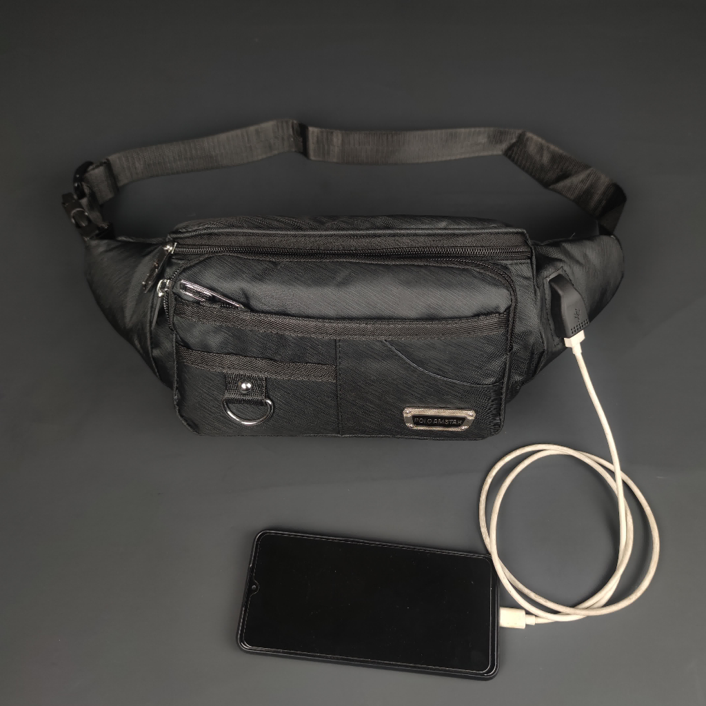 Tas Selempang Pria Polo Amstar Bahan Nilon Poliester Waterproof Free USB Extension  Waistbag Tas Pinggang Tas Selempang Bahu Tas keren Murah Berkualitas