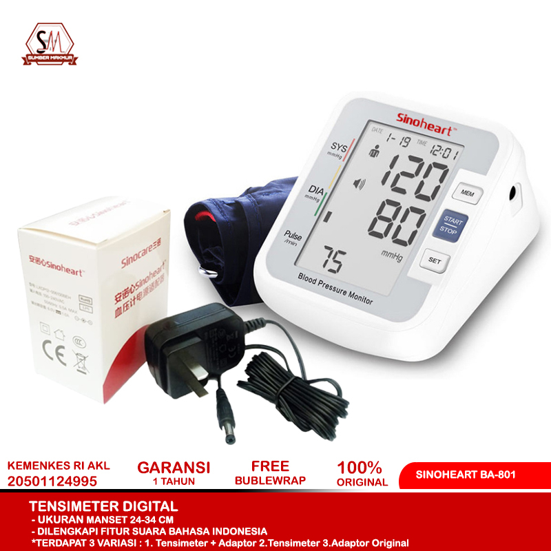 Sinocare BA-801 Alat Cek Tekanan Darah Otomatis | Tensimeter Digital | AC Adaptor