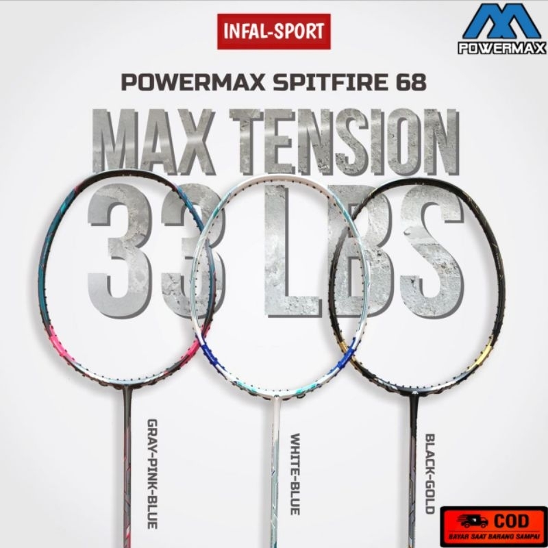 RAKET BADMINTON ORIGINAL  POWER MAX THUNDER & SPITFIRE 68 33 LBS (BONUS TAS + GRIP)