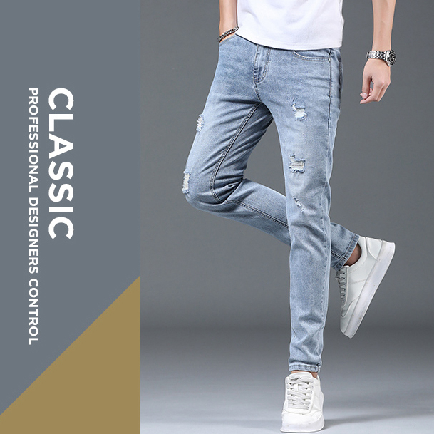 Celana Jeans Pria SLIM FIT STANDAR STRETCH SOBEK Korean Style Biru Muda Original Cowok Pensil Denim Skinny Laki Laki Dewasa Big Size