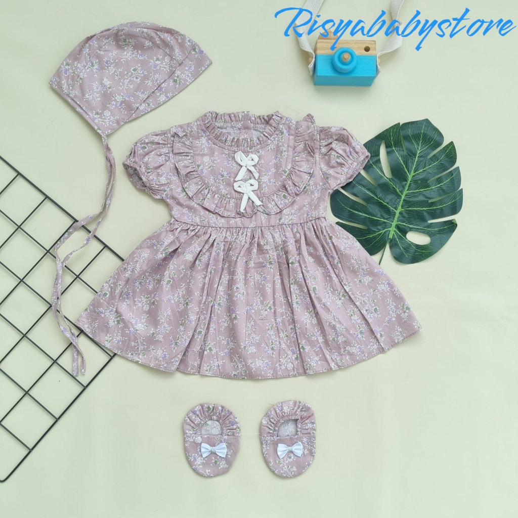 Dress bayi cewek 0-6 bulan pakaian bayi perempuan set bonet dress bayi newborn