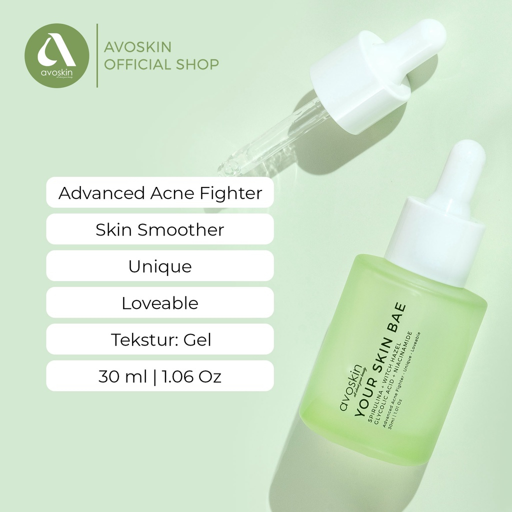 AVOSKIN YOUR SKIN BAE SPIRULINA + WITCH HAZEL + GLYCOLIC ACID + NIACINAMIDE SERUM 30ML