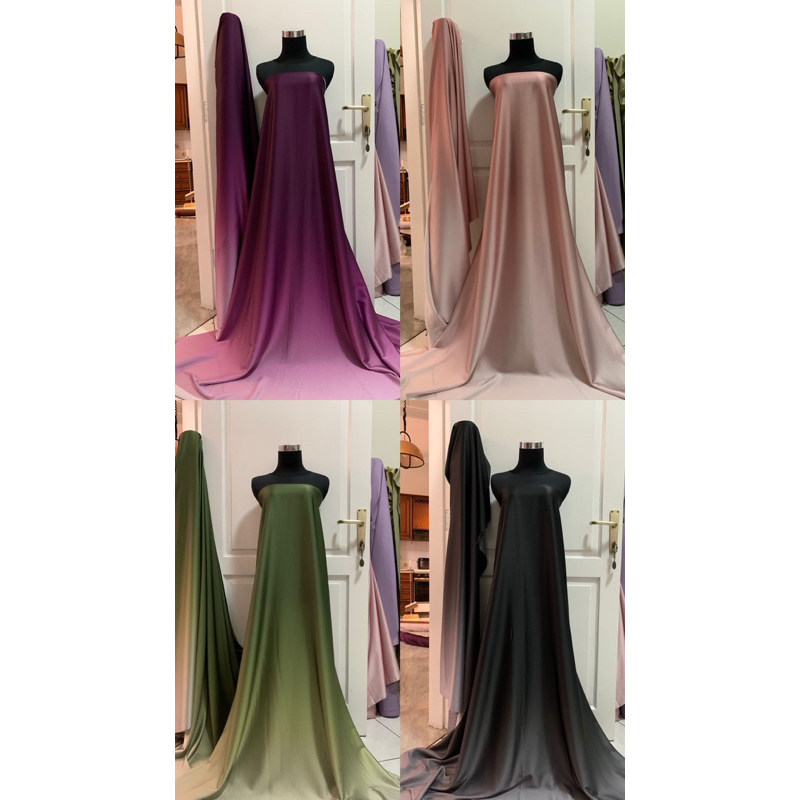 Kain Bahan Satin Silk Armani Gradasi Import Polos Ombre 2 Tone High Quality Warna Biru Teal Blue