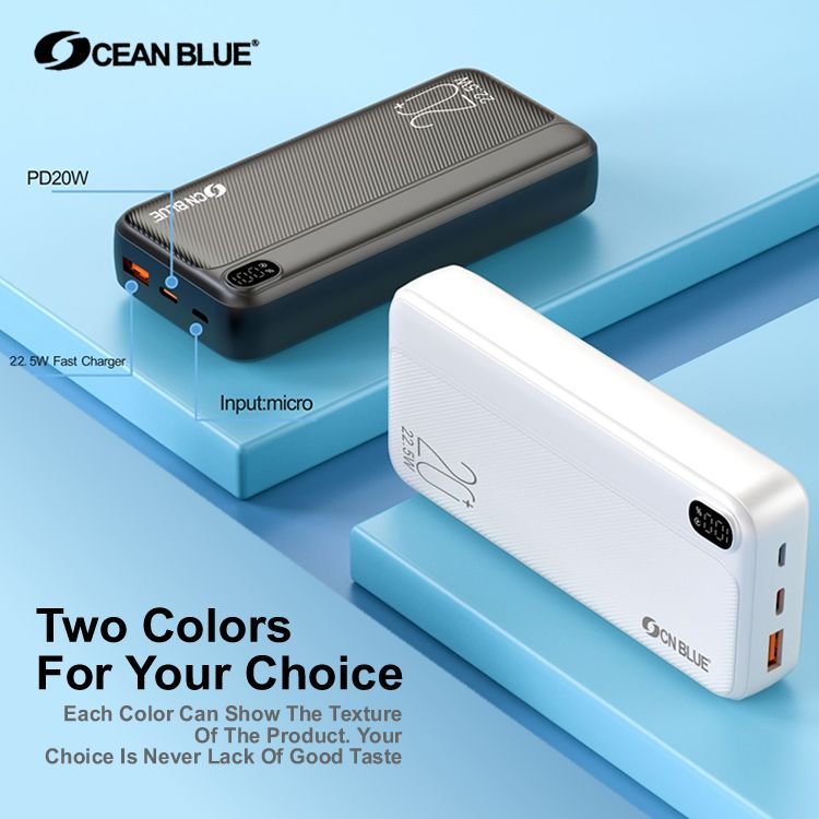 Ocean Blue OCN A158 Power Bank 20000mAh USB C Built in 22.5W PD QC 3.0 Super Fast Charging PowerBank